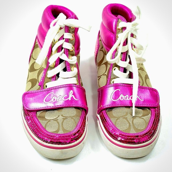 COACH Signature Fuchsia Sequined High-Top Sneakers - Picture 4 of 7